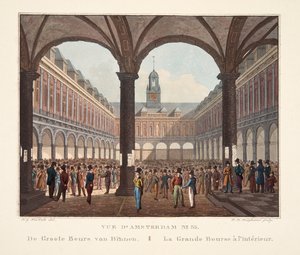 Amszterdam kilátása No.33. De Groote Beurs van Binnen. La Grande Bourse belül, 1825 (kézzel színezett metszet)